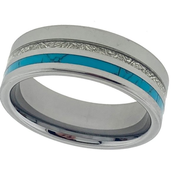 Mens Unisex Wedding Tungsten Wedding Band. Silver Turquoise & Inspired Meteorite - Picture 2 of 3